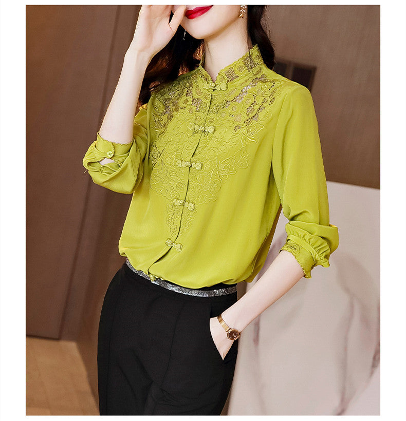 Embroidery Hollow Blouse Women Long Sleeve Imitation Silk Top Loose Vintage Shirt Plus Size