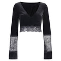 Ins Goth Sexy Women Gothic Crop Top Flare Long Sleeve Lace Hollow Out Black  V-neck T-shirt