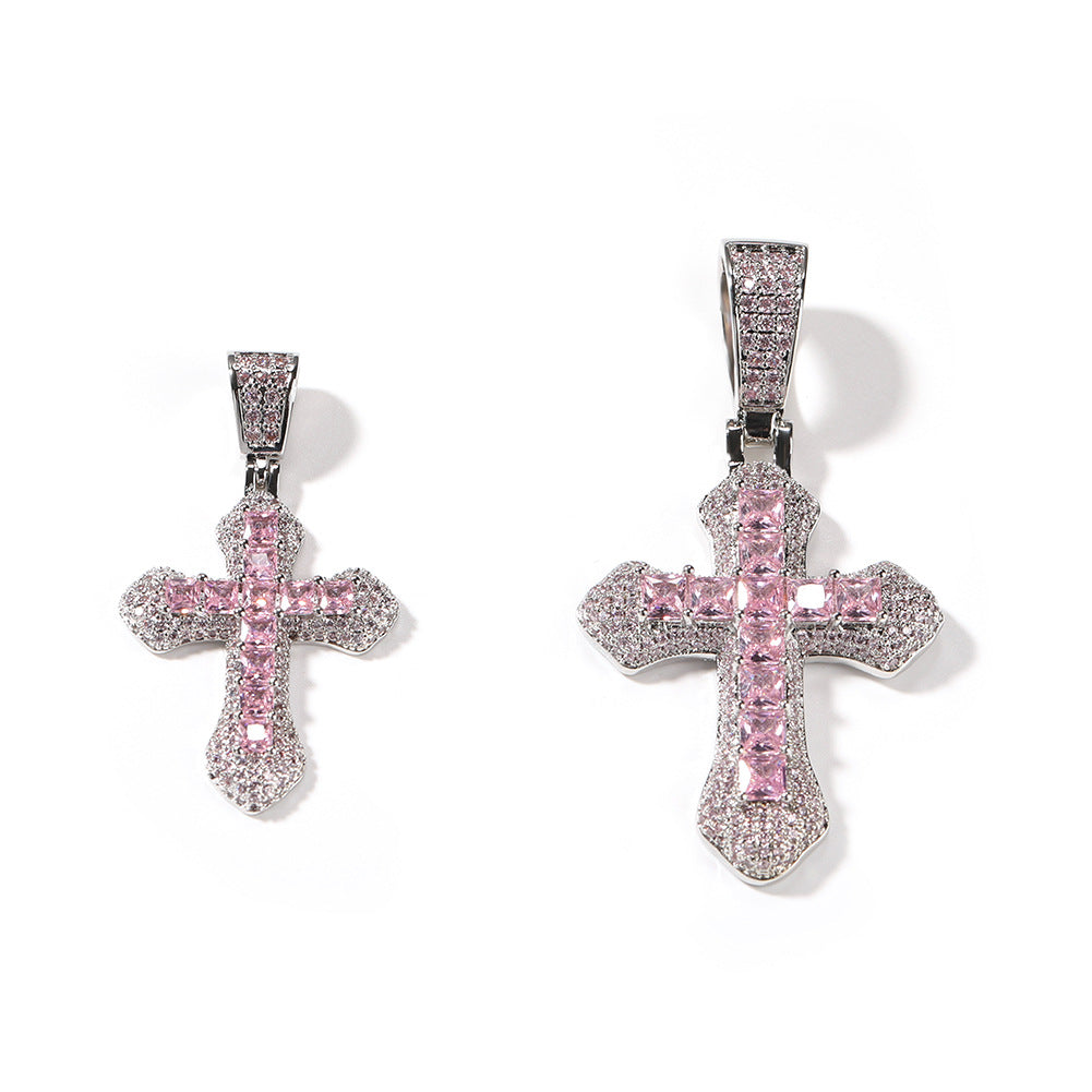 Hip-hop copper-inlaid purple zircon cross necklace