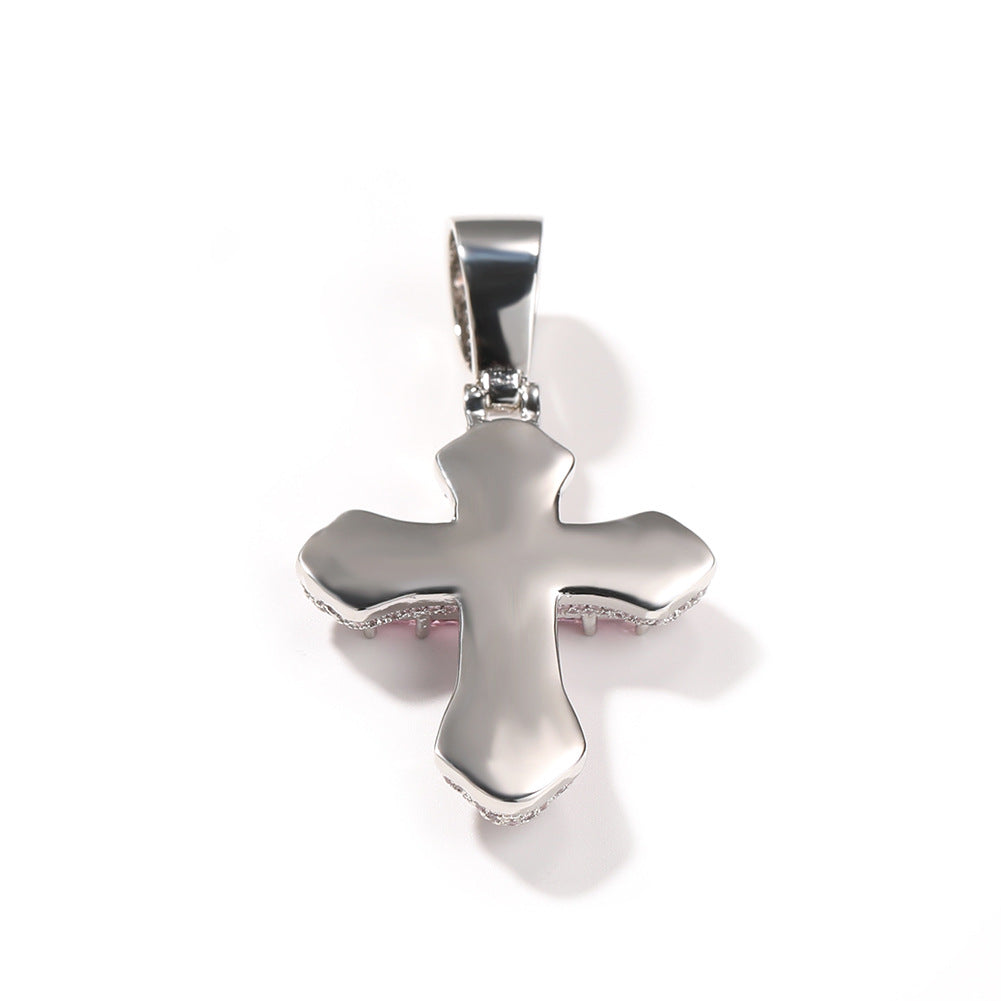 Hip-hop copper-inlaid purple zircon cross necklace