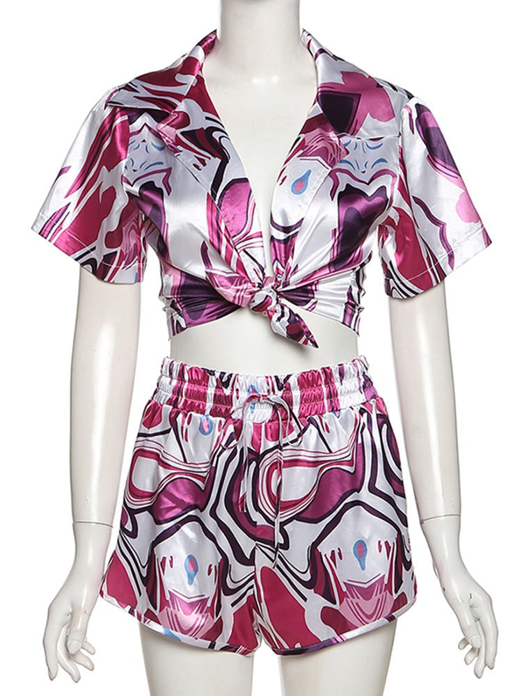 Multi-Color Print Two Piece Set Casual Short Sleeve Pleat Top+ High Waist Elastic Shorts